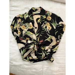 Loco Lindo Black Floral Birds Hawaiian Style Rayon Button Up Blouse